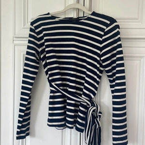 J.Crew Striped belted crossback top navy white OPEN Back cotton size small